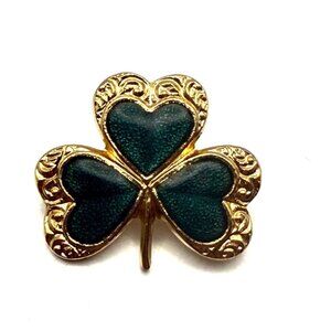 Vintage Green Clover Shamrock Brooch Gold Tone Lucky Irish Pin